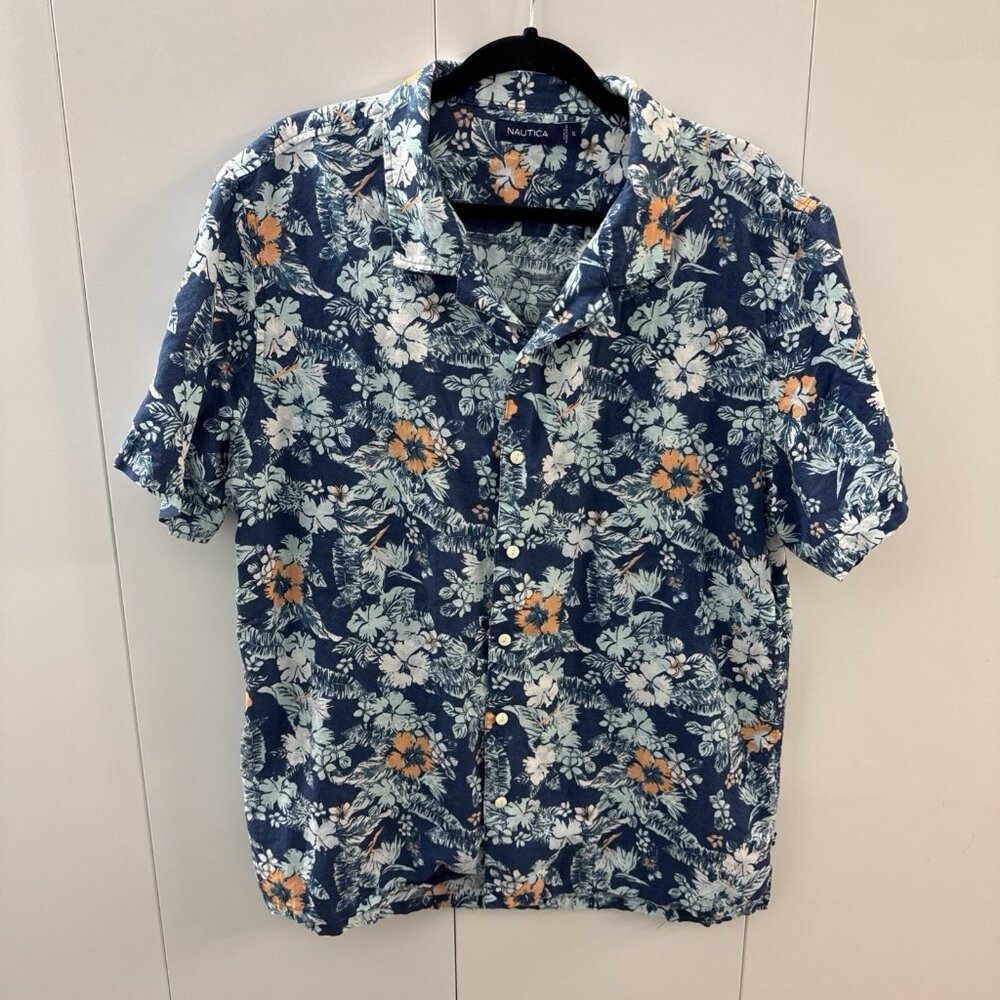 Nautica Blue Hawaiian‎ Aloha Hibiscus Button Up Shirt XL Classic Fit Linen Blend